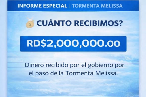 La Junta Municipal de Villa Sombrero informa a la comunidad que, tras el paso de la Tormenta Melissa, se recibieron RD$2,000,000.00 por parte del Gobierno Central, destinados a atender los daños ocasionados.