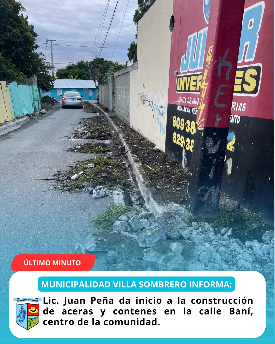 Lic. Juan Peña da inicio a la construcción de aceras y contenes en la calle Baní, centro de la comunidad